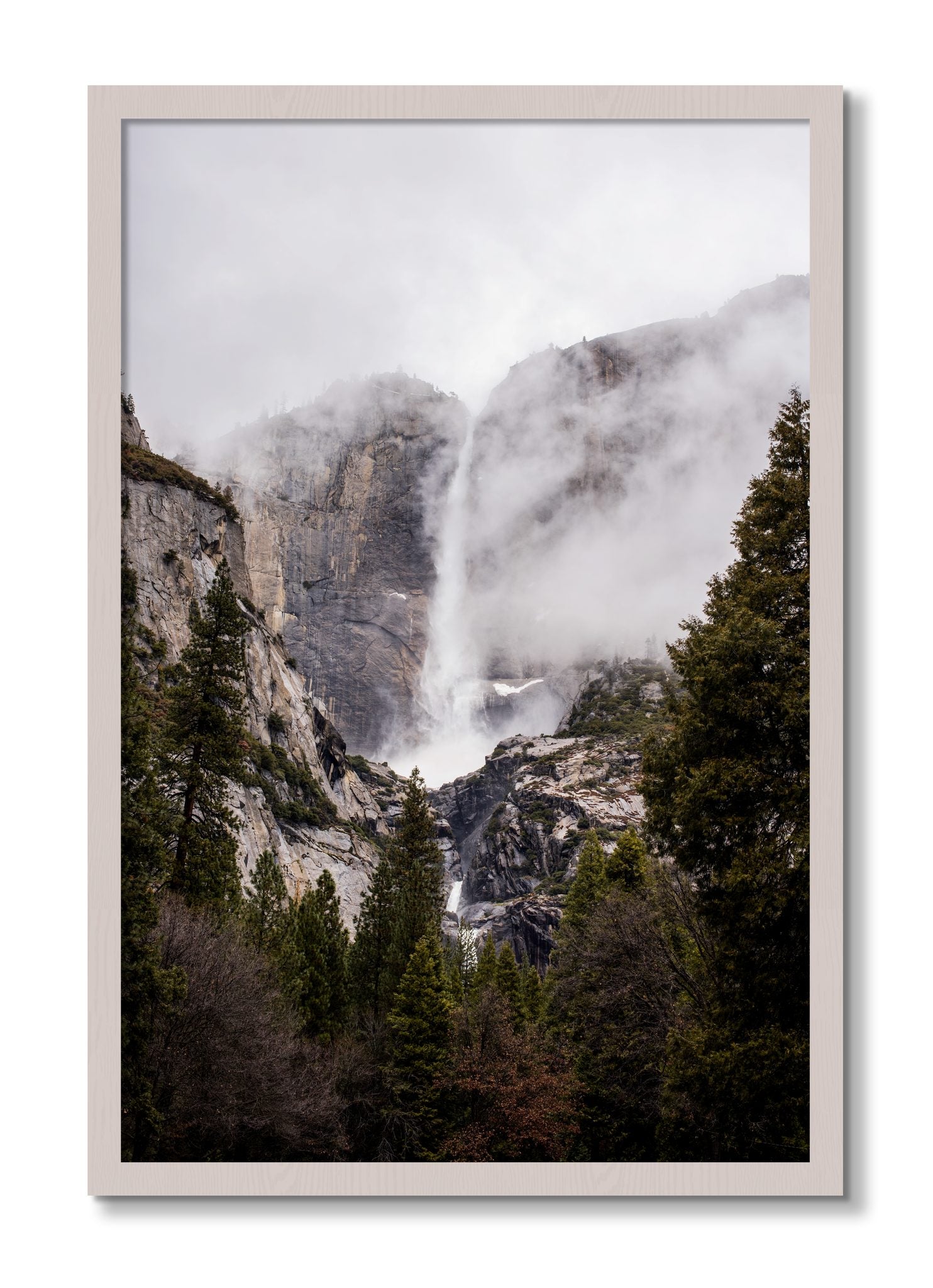 Framed photograph of Yosemite Falls by Dylan Ozanich, White Maple frame, Full Bleed