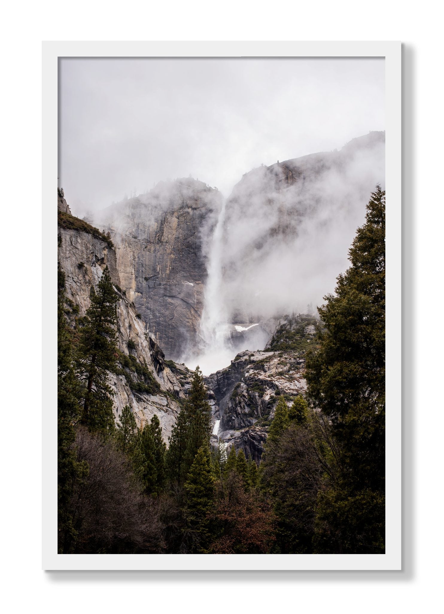 Framed photograph of Yosemite Falls by Dylan Ozanich, White frame, Full Bleed