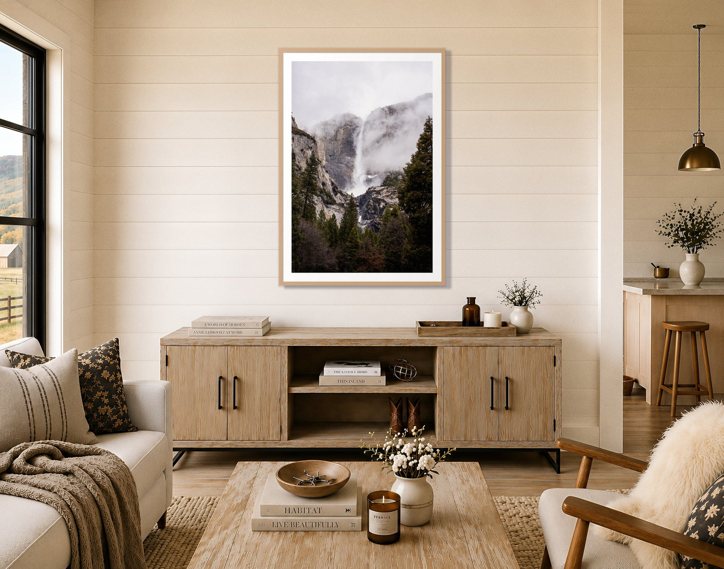 Yosemite Falls by Dylan Ozanich in an Oak frame, on a shiplap wall above an oak credenza in a modern farmhouse living room