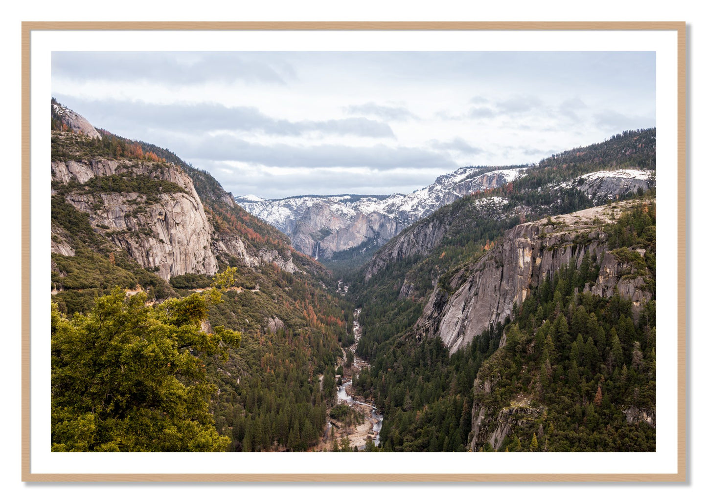 Framed photograph of Yosemite Valley by Dylan Ozanich, Oak frame, Borders