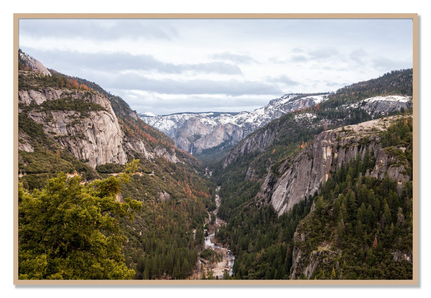 Framed photograph of Yosemite Valley by Dylan Ozanich, Oak frame, Full Bleed