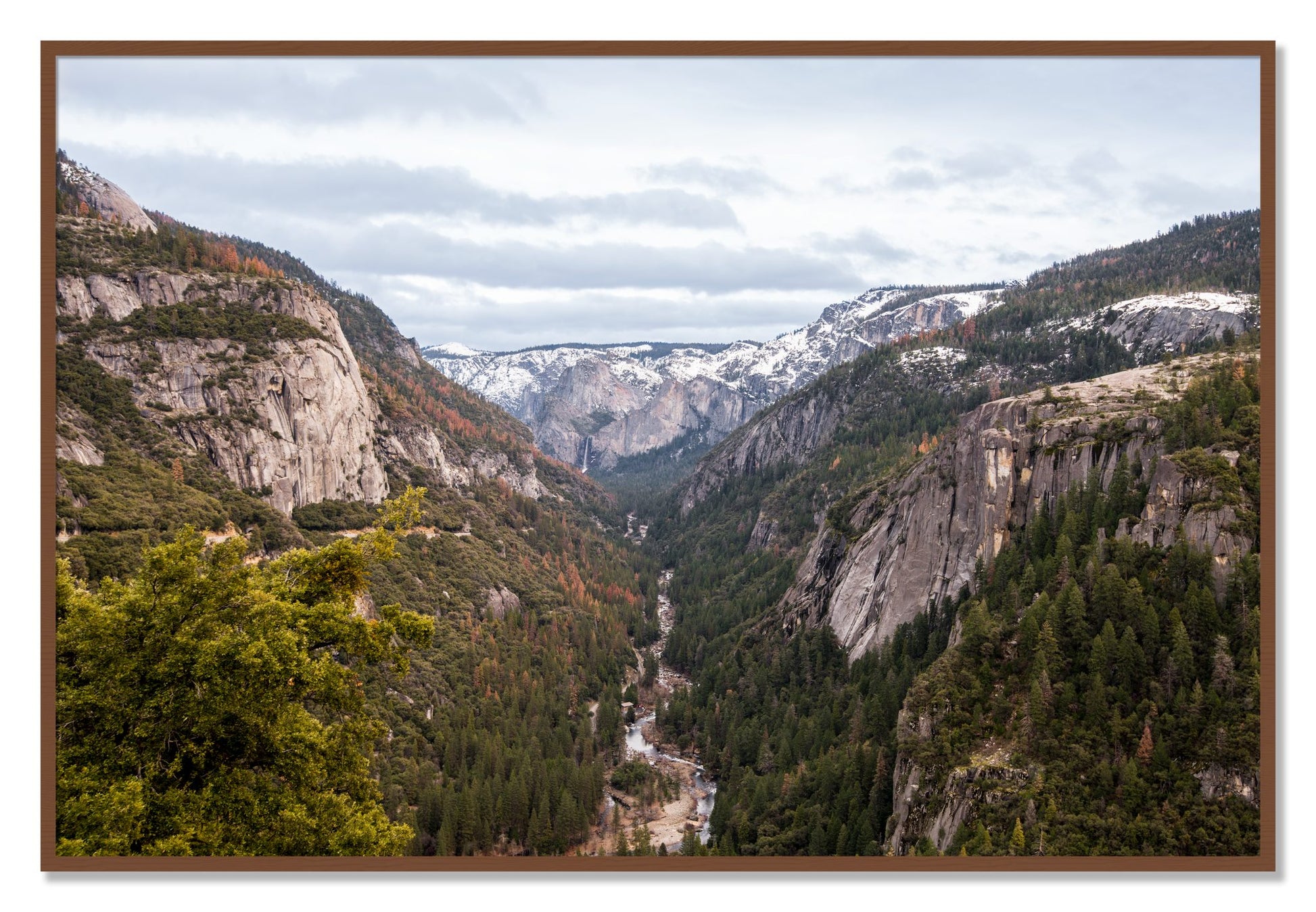 Framed photograph of Yosemite Valley by Dylan Ozanich, Walnut frame, Full Bleed