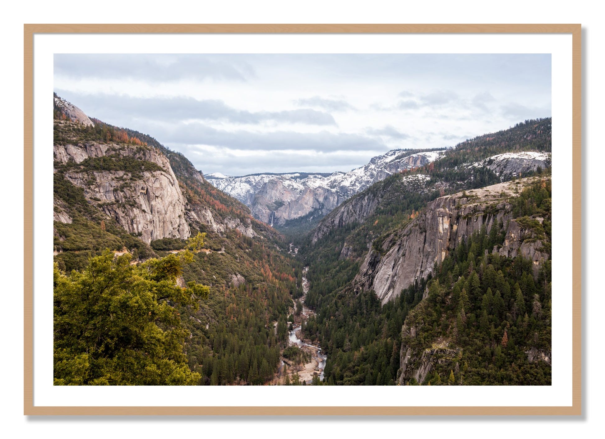 Framed photograph of Yosemite Valley by Dylan Ozanich, Oak frame, Borders