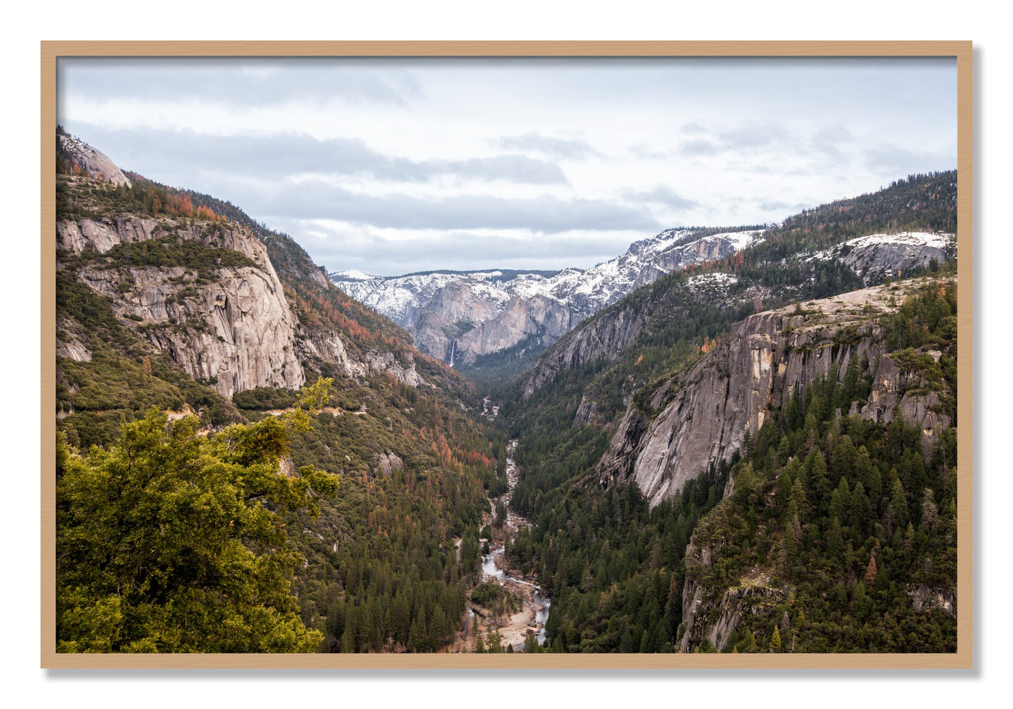 Framed photograph of Yosemite Valley by Dylan Ozanich, Oak frame, Full Bleed