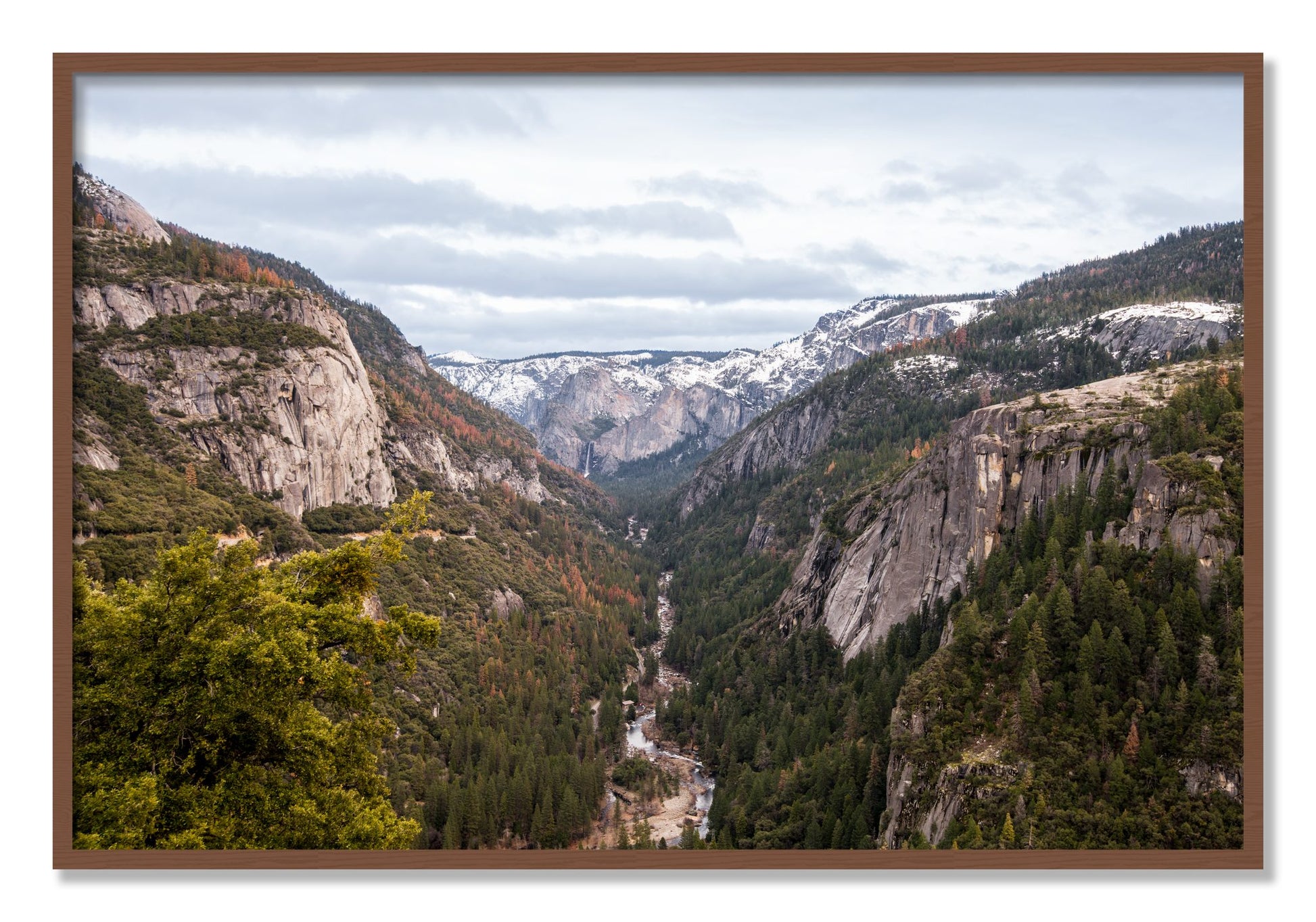 Framed photograph of Yosemite Valley by Dylan Ozanich, Walnut frame, Full Bleed
