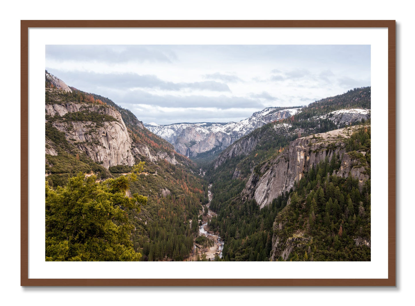 Framed photograph of Yosemite Valley by Dylan Ozanich, Walnut frame, Borders