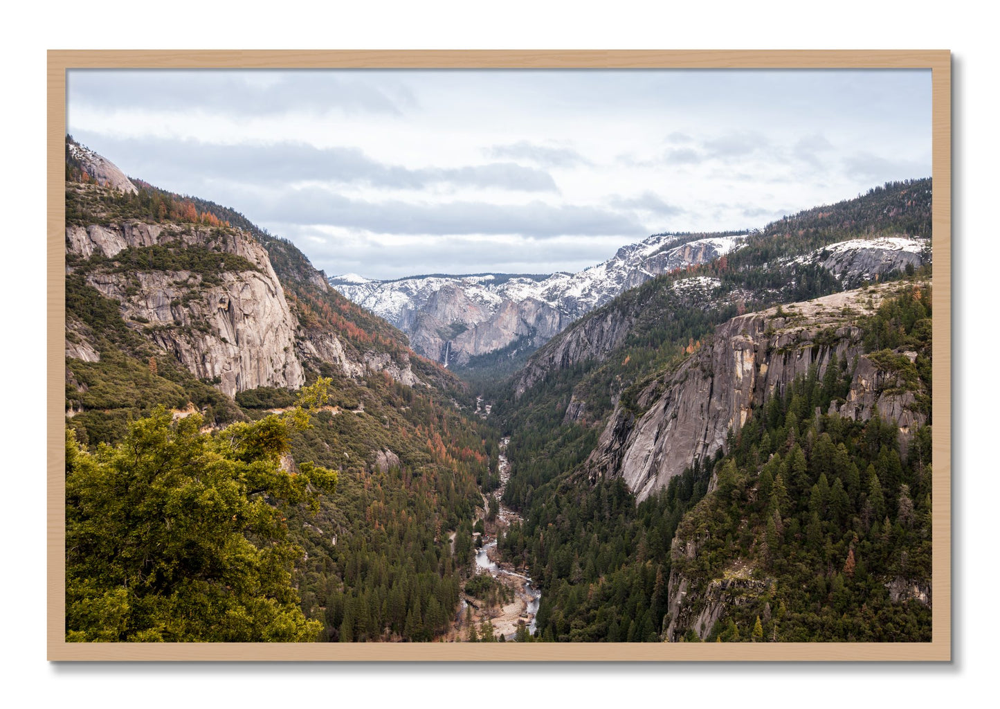 Framed photograph of Yosemite Valley by Dylan Ozanich, Oak frame, Full Bleed