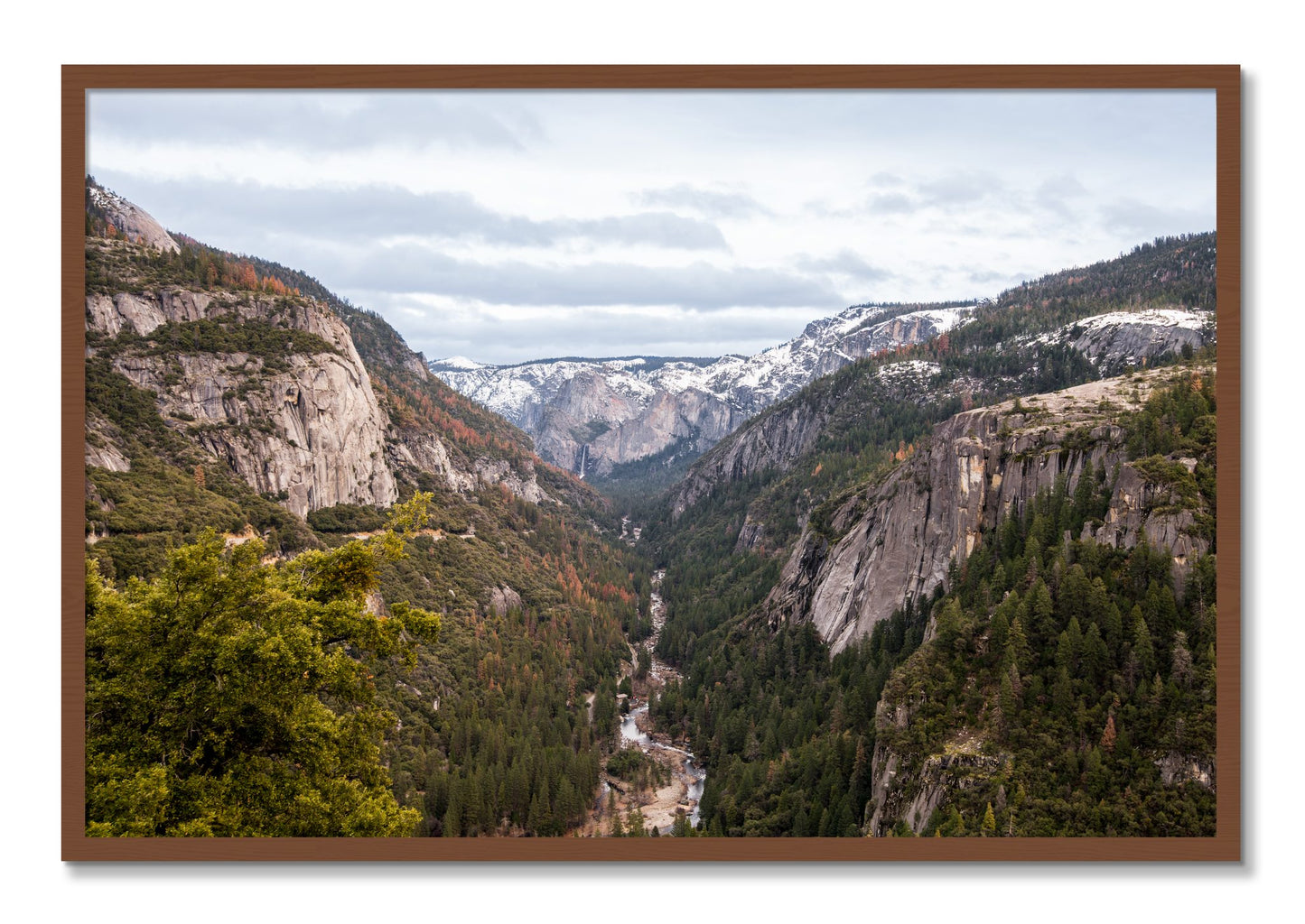Framed photograph of Yosemite Valley by Dylan Ozanich, Walnut frame, Full Bleed