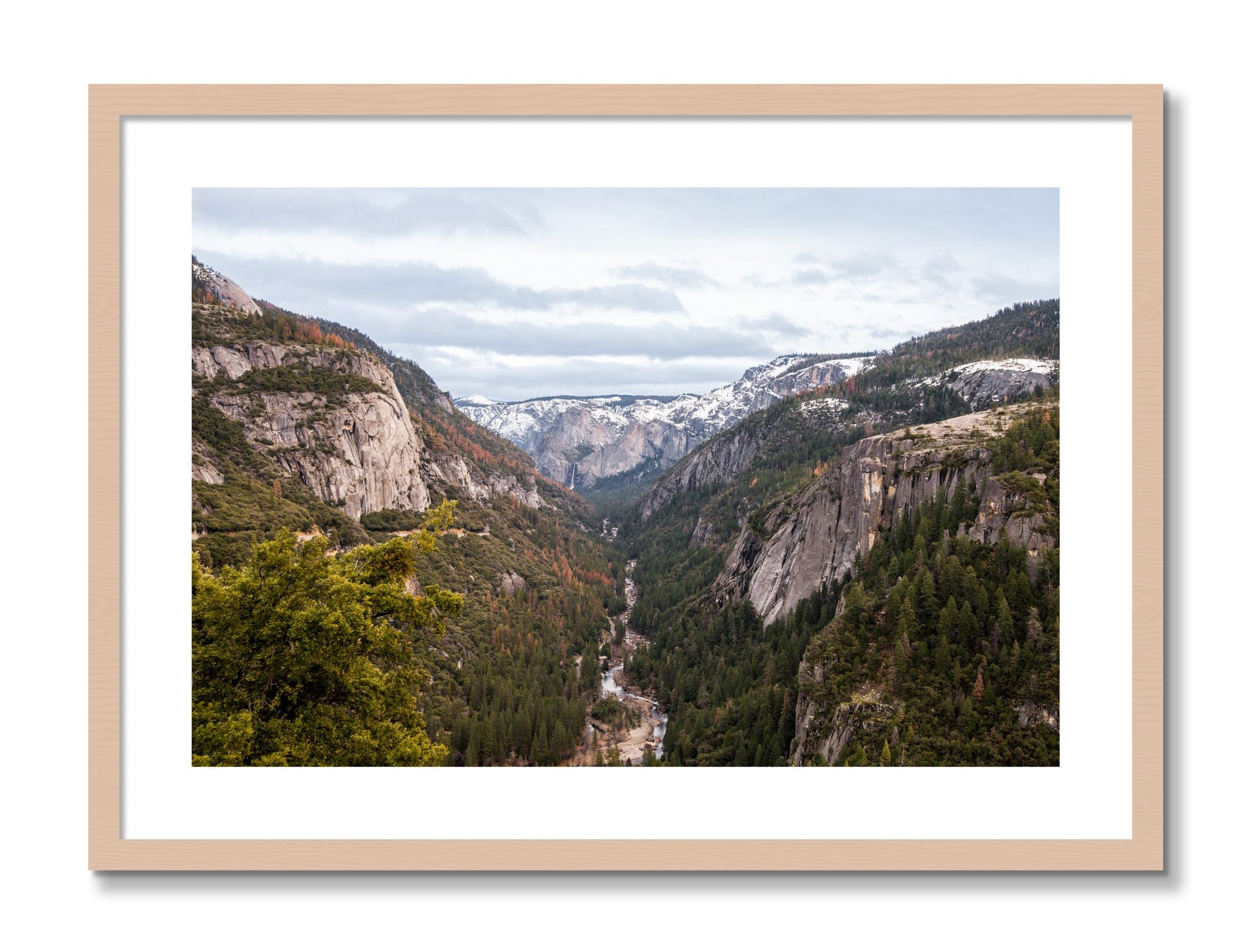 Framed photograph of Yosemite Valley by Dylan Ozanich, Maple frame, Borders
