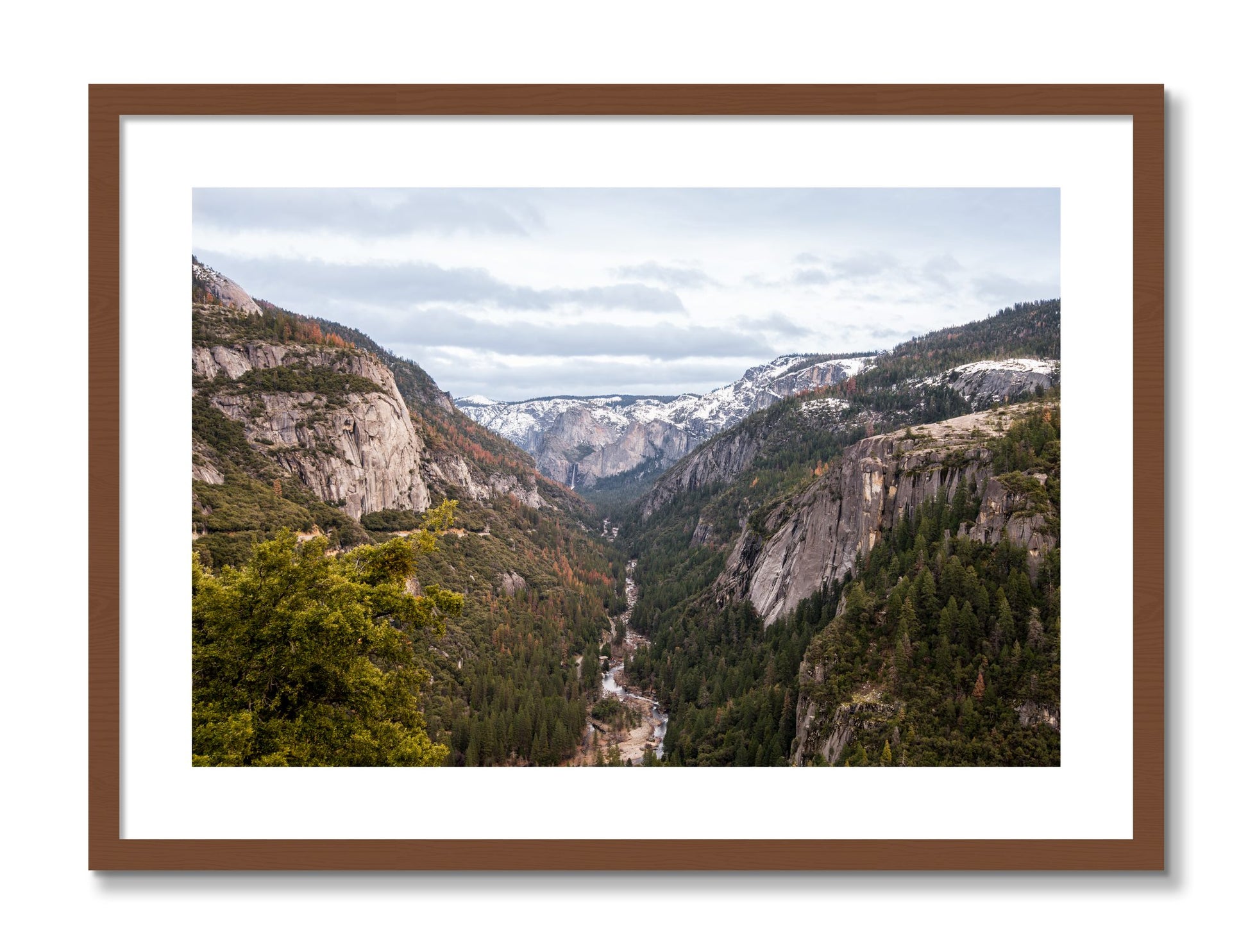 Framed photograph of Yosemite Valley by Dylan Ozanich, Walnut frame, Borders