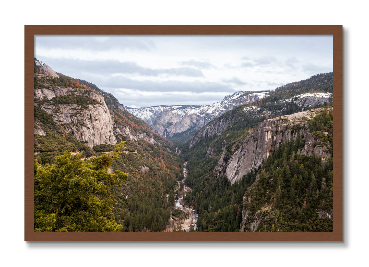 Framed photograph of Yosemite Valley by Dylan Ozanich, Walnut frame, Full Bleed